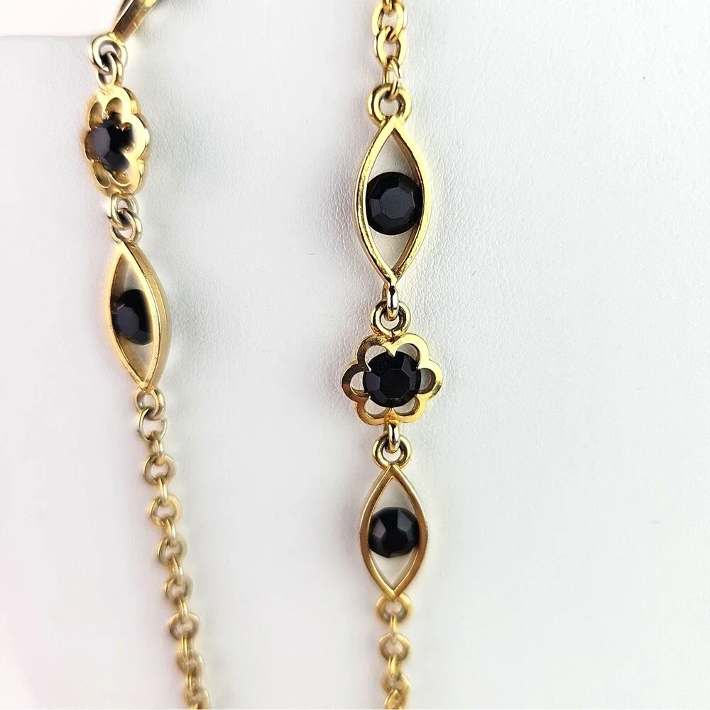 Vintage Long Gold Tone Necklace Black Faceted 52 inch and Bracelet Bezel Setting